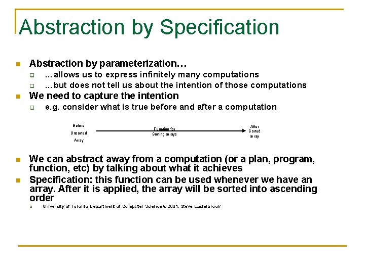 Abstraction by Specification n Abstraction by parameterization… q q n …allows us to express