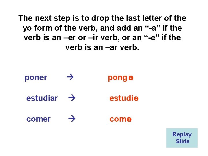 The next step is to drop the last letter of the yo form of