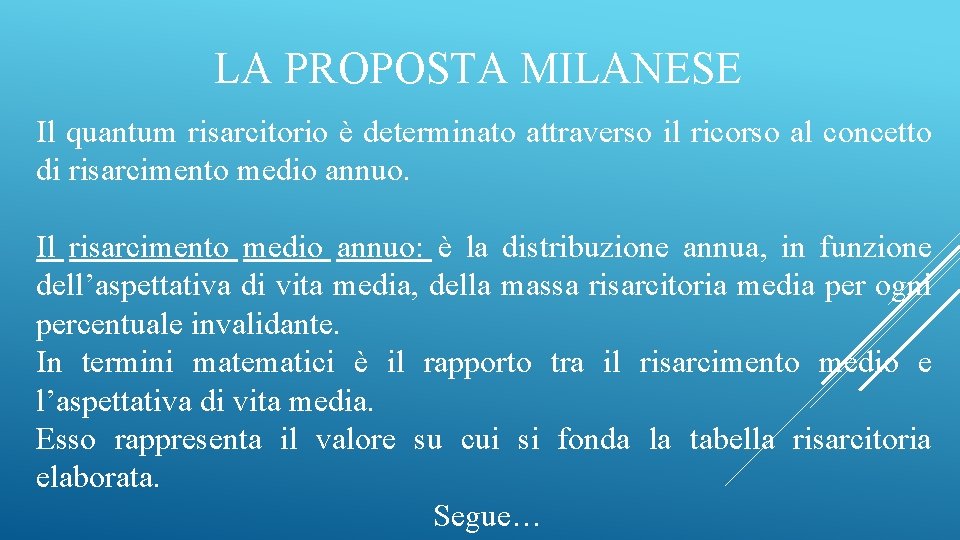 LA PROPOSTA MILANESE Il quantum risarcitorio è determinato attraverso il ricorso al concetto di