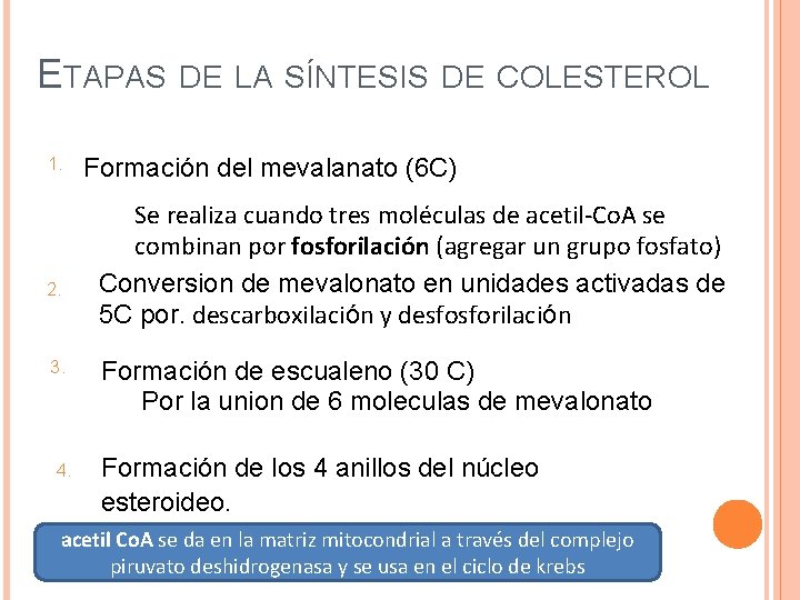 ETAPAS 1. 2. 3. 4. DE LA SÍNTESIS DE COLESTEROL Formación del mevalanato (6