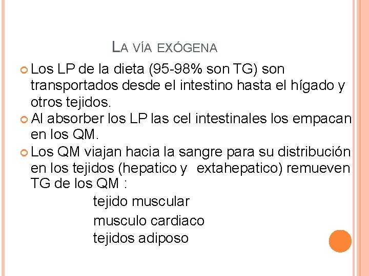 LA VÍA EXÓGENA Los LP de la dieta (95 -98% son TG) son transportados