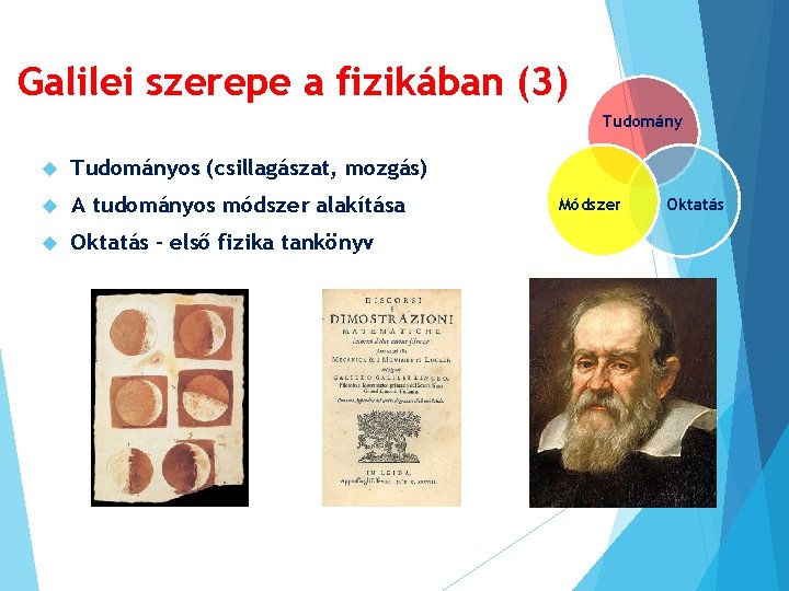 Galilei szerepe a fizikában (3) Tudományos (csillagászat, mozgás) A tudományos módszer alakítása Oktatás –