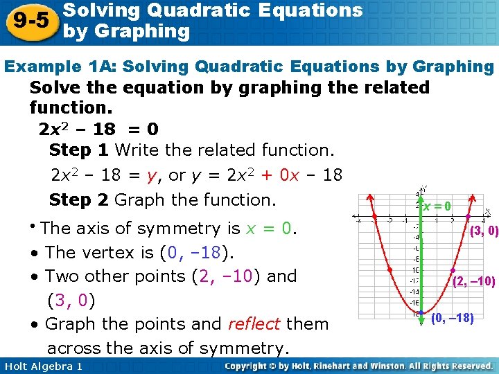 Solving Quadratic Equations 9 -5 by Graphing Example 1 A: Solving Quadratic Equations by