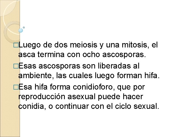 �Luego de dos meiosis y una mitosis, el asca termina con ocho ascosporas. �Esas