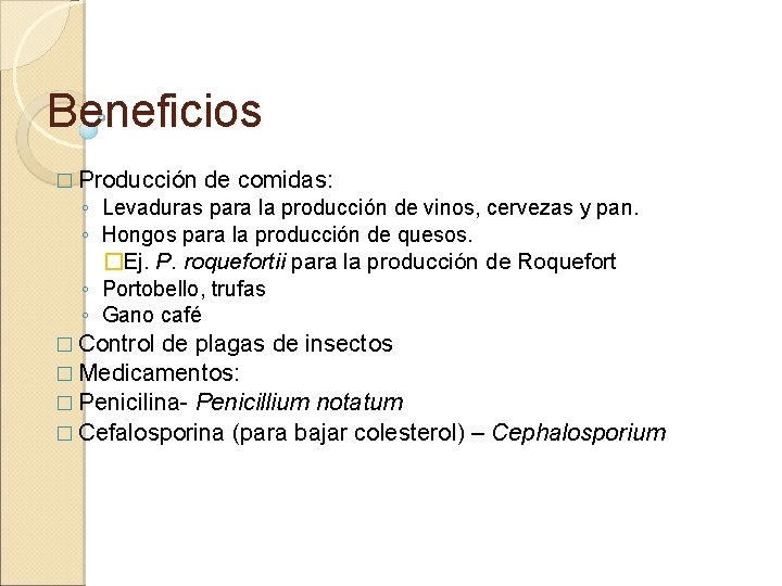 Beneficios � Producción de comidas: ◦ Levaduras para la producción de vinos, cervezas y