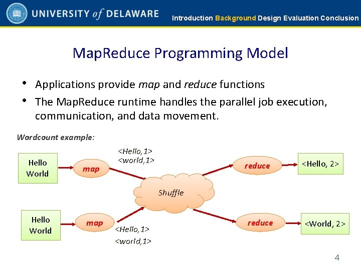 Introduction Background Design Evaluation Conclusion Map. Reduce Programming Model • Applications provide map and