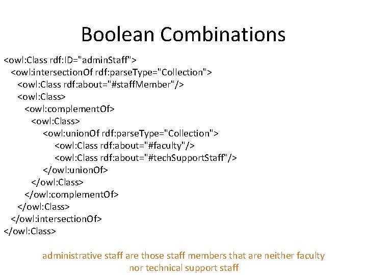 Boolean Combinations <owl: Class rdf: ID="admin. Staff"> <owl: intersection. Of rdf: parse. Type="Collection"> <owl:
