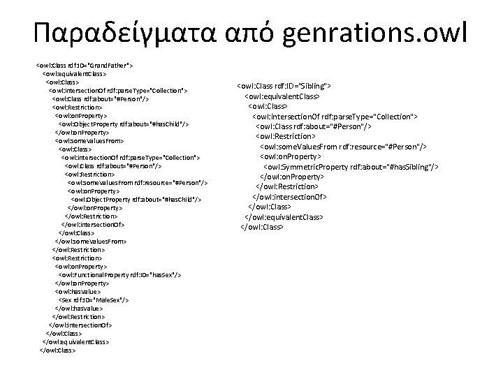 Παραδείγματα από genrations. owl <owl: Class rdf: ID="Grand. Father"> <owl: equivalent. Class> <owl: intersection.