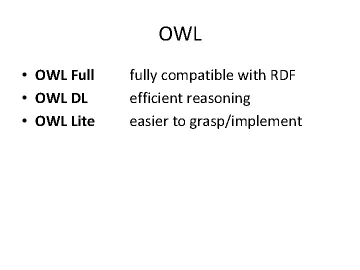 OWL • OWL Full • OWL DL • OWL Lite fully compatible with RDF