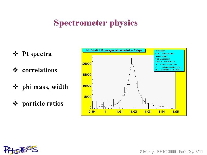 Spectrometer physics v Pt spectra v correlations v phi mass, width v particle ratios