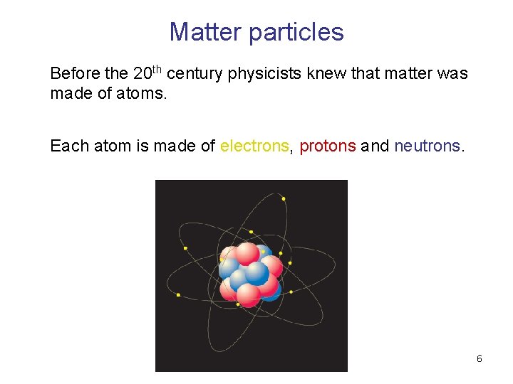 Matter particles Before the 20 th century physicists knew that matter was made of