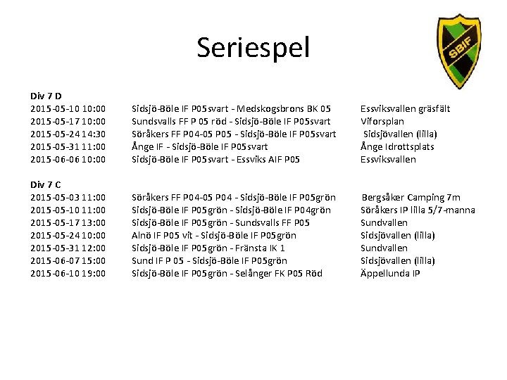 Seriespel Div 7 D 2015 -05 -10 10: 00 2015 -05 -17 10: 00