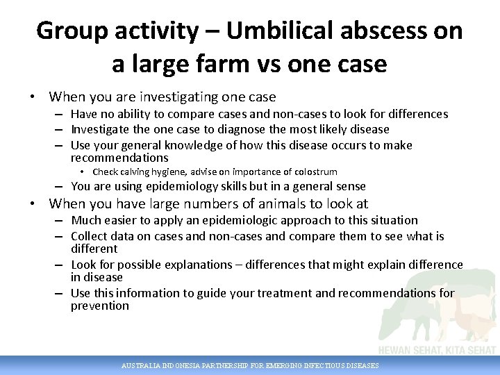 Group activity – Umbilical abscess on a large farm vs one case • When