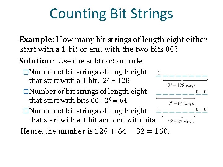 Counting Bit Strings Example: How many bit strings of length eight either start with Counting Bit Strings Example: How many bit strings of length eight either start with