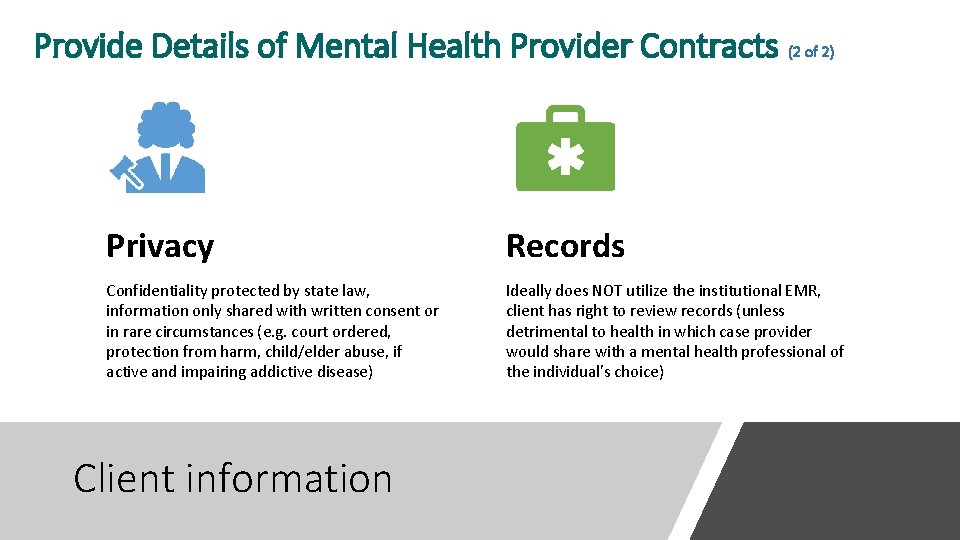 Provide Details of Mental Health Provider Contracts (2 of 2) Privacy Records Confidentiality protected