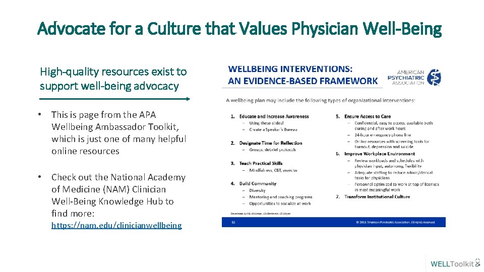Advocate for a Culture that Values Physician Well-Being Ia. Access to Care: WELL Resource