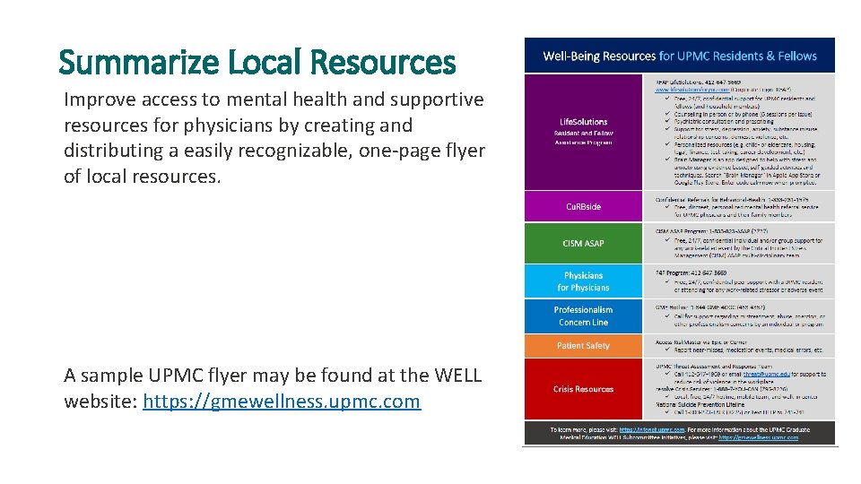 Summarize Local Resources Ia. Access to Care: WELL Resource Guide Improve access to mental