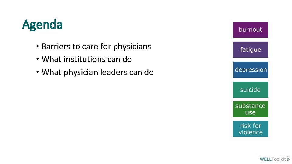 Agenda • Barriers to care for physicians • What institutions can do • What
