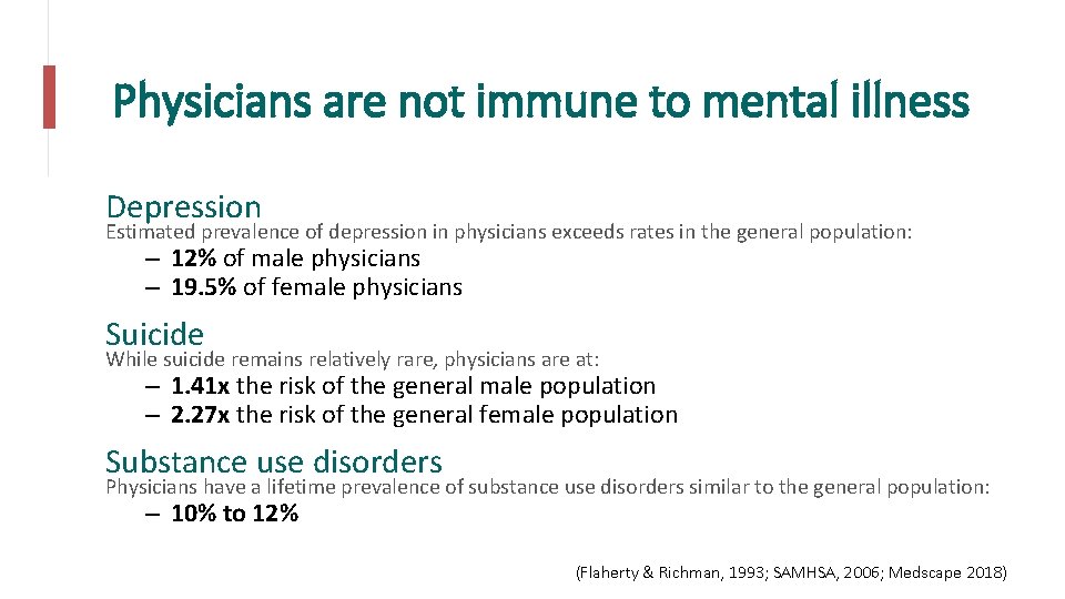 Physicians are not immune to mental illness Depression Estimated prevalence of depression in physicians