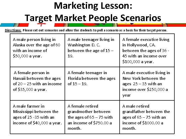 Marketing Lesson: Target Market People Scenarios Directions: Please cut out scenarios and allow the