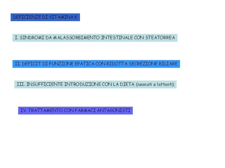 DEFICIENZE DI VITAMINA K I. SINDROMI DA MALASSORBIMENTO INTESTINALE CON STEATORREA II. DEFICIT DI