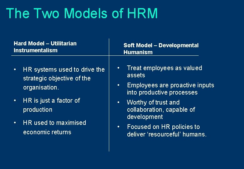 The Two Models of HRM Hard Model – Utilitarian Instrumentalism Soft Model – Developmental