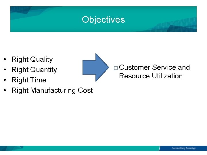 Objectives • • Right Quality Right Quantity Right Time Right Manufacturing Cost � Customer