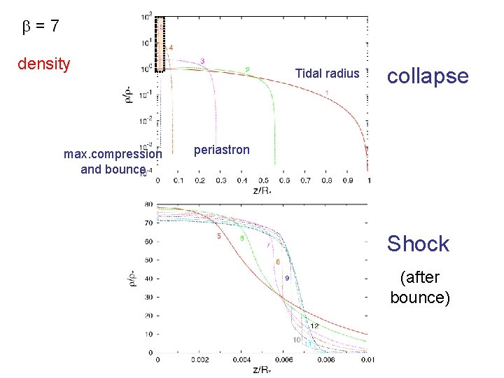  = 7 density max. compression and bounce Tidal radius collapse periastron Shock (after