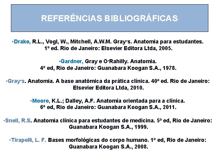 REFERÊNCIAS BIBLIOGRÁFICAS • Drake, R. L. , Vogl, W. , Mitchell, A. W. M.