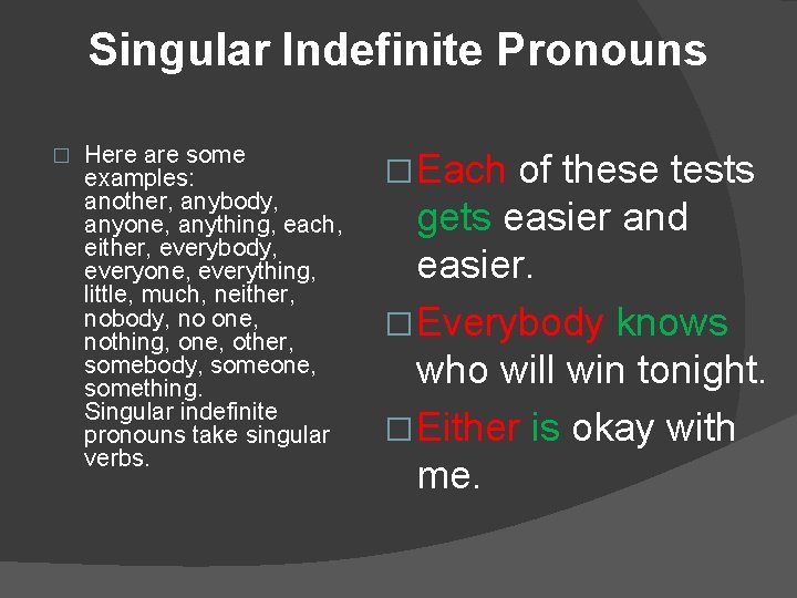 Singular Indefinite Pronouns � Here are some examples: another, anybody, anyone, anything, each, either,