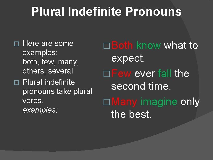 Plural Indefinite Pronouns Here are some examples: both, few, many, others, several � Plural