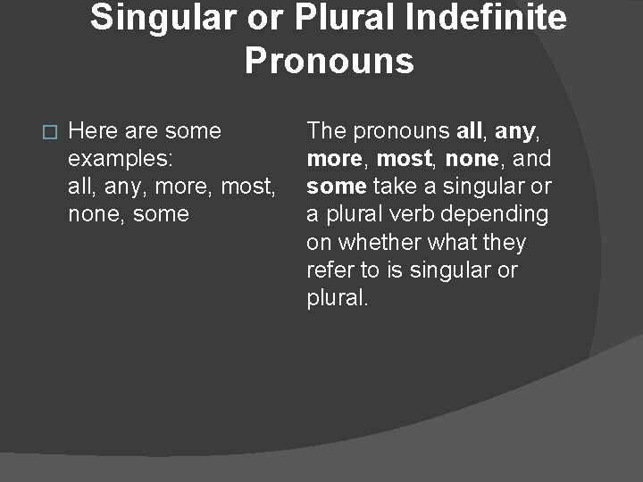 Singular or Plural Indefinite Pronouns � Here are some examples: all, any, more, most,