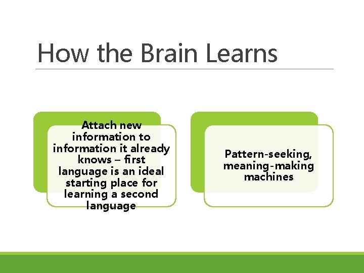 How the Brain Learns Attach new information to information it already knows – first
