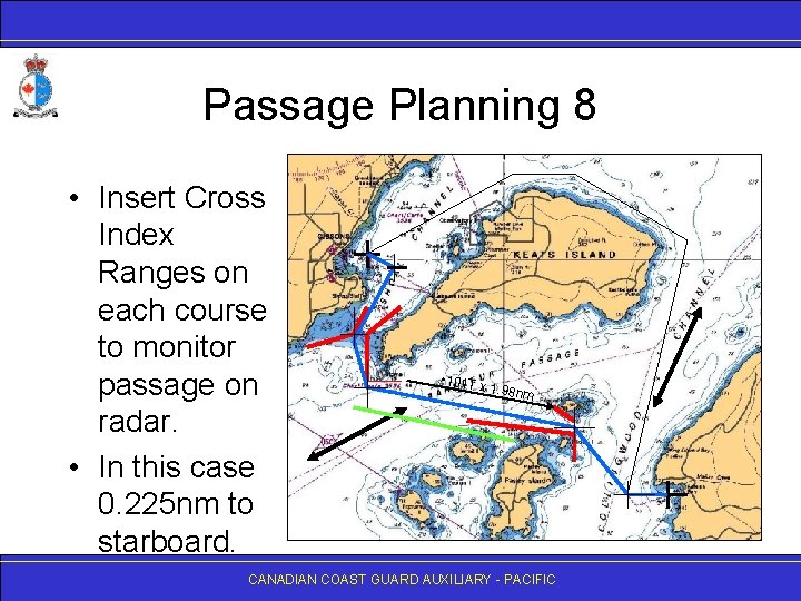 Passage Planning 8 • Insert Cross Index Ranges on each course to monitor passage