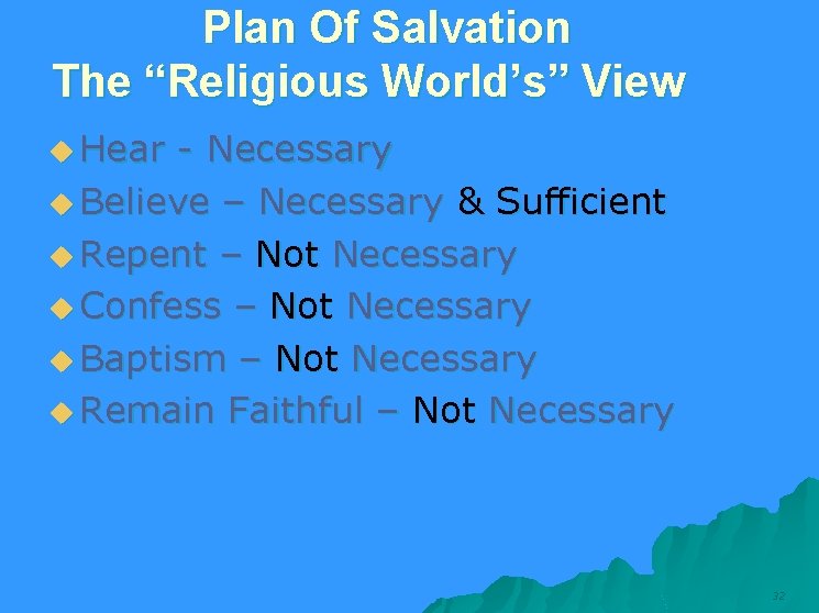  Plan Of Salvation The “Religious World’s” View u Hear - Necessary u Believe