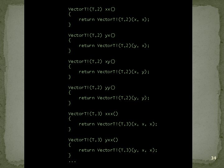 Vector. T!(T, 2) xx() { return Vector. T!(T, 2)(x, x); } Vector. T!(T, 2) Vector. T!(T, 2) xx() { return Vector. T!(T, 2)(x, x); } Vector. T!(T, 2)