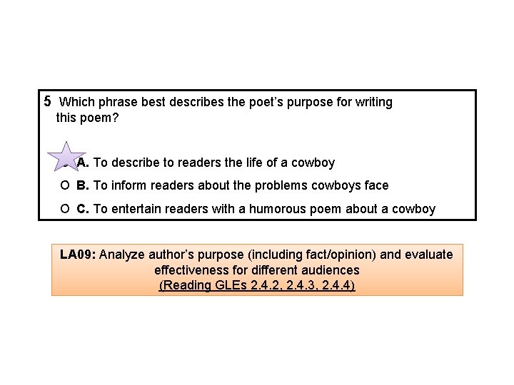 5 Which phrase best describes the poet’s purpose for writing this poem? Ο A.