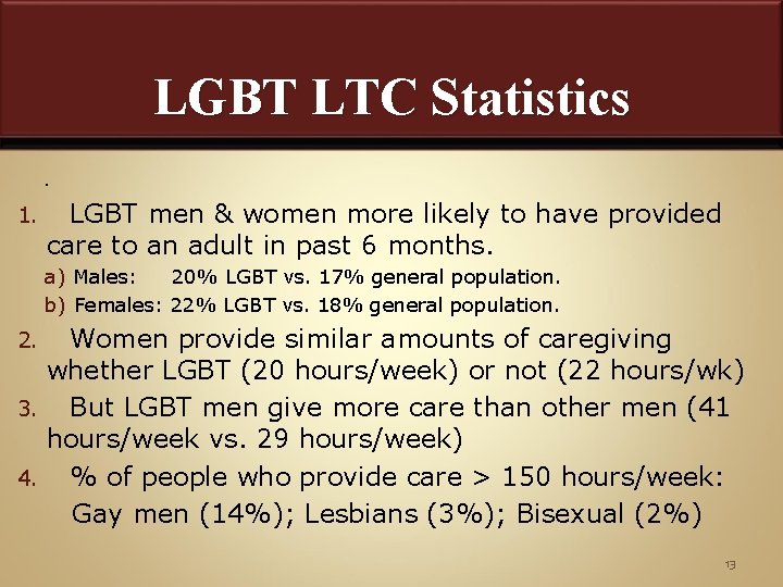 LGBT LTC Statistics. 1. LGBT men & women more likely to have provided care