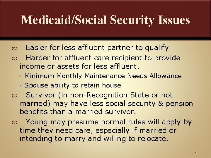 Medicaid/Social Security Issues Easier for less affluent partner to qualify Harder for affluent care
