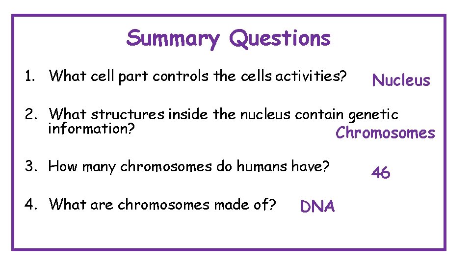 Summary Questions 1. What cell part controls the cells activities? Nucleus 2. What structures