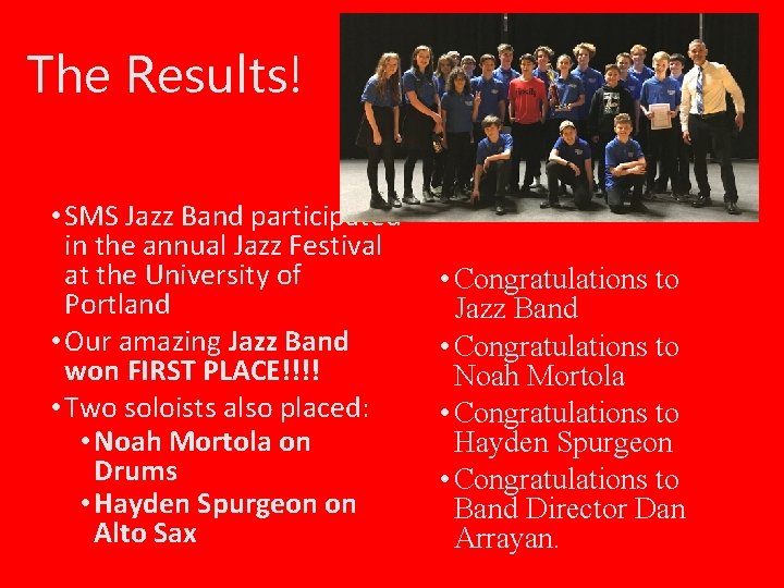 The Results! • SMS Jazz Band participated in the annual Jazz Festival at the