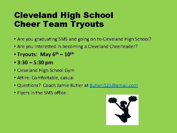 Cleveland High School Cheer Team Tryouts • Are you graduating SMS and going on