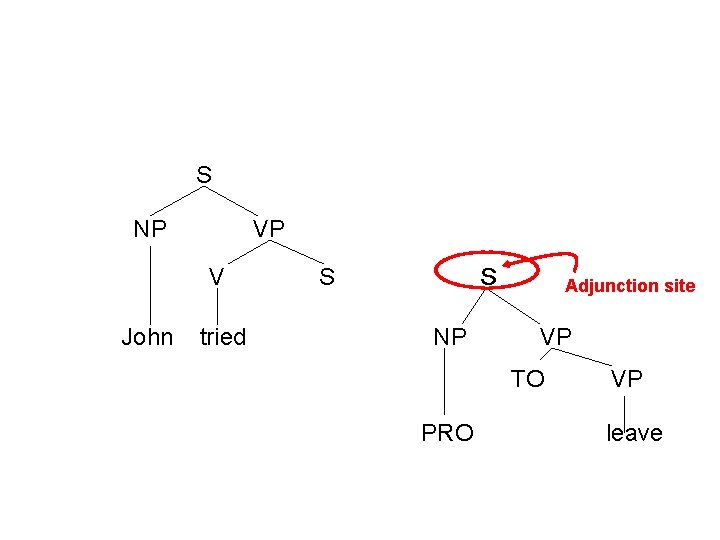 S NP VP V John tried S S NP Adjunction site VP TO PRO