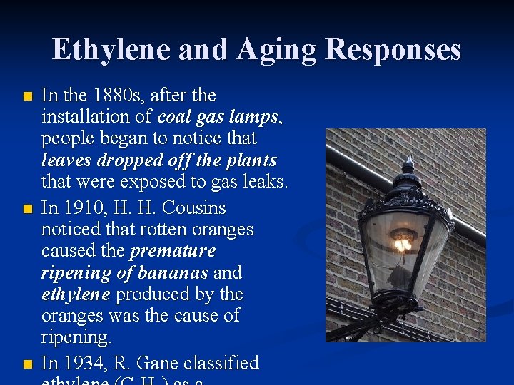 Ethylene and Aging Responses n n n In the 1880 s, after the installation