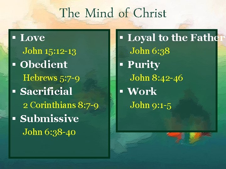 The Mind of Christ § Love John 15: 12 -13 § Obedient Hebrews 5: