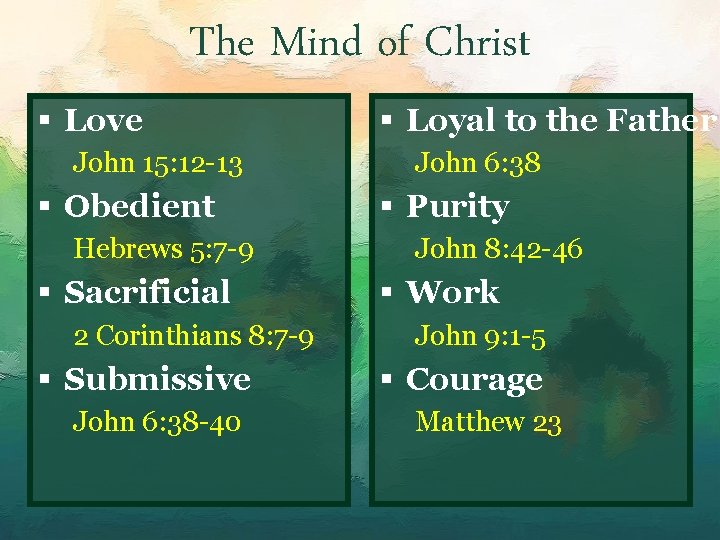 The Mind of Christ § Love John 15: 12 -13 § Obedient Hebrews 5: