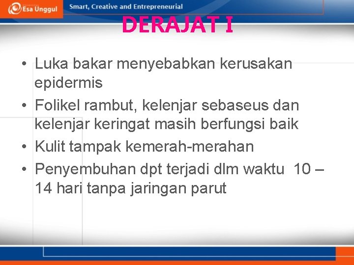 DERAJAT I • Luka bakar menyebabkan kerusakan epidermis • Folikel rambut, kelenjar sebaseus dan