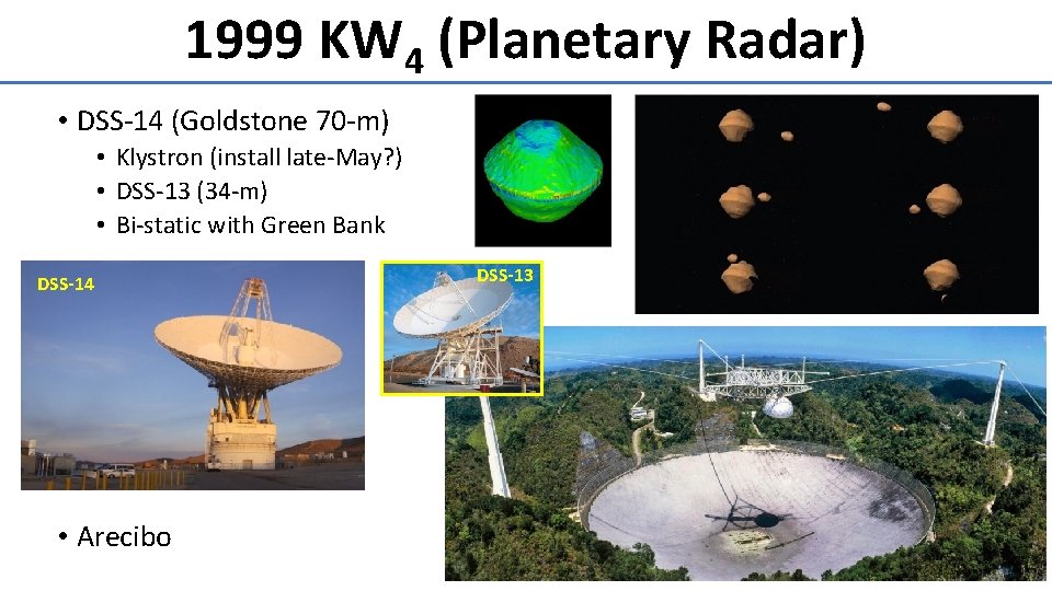 1999 KW 4 (Planetary Radar) • DSS-14 (Goldstone 70 -m) • Klystron (install late-May? 1999 KW 4 (Planetary Radar) • DSS-14 (Goldstone 70 -m) • Klystron (install late-May?