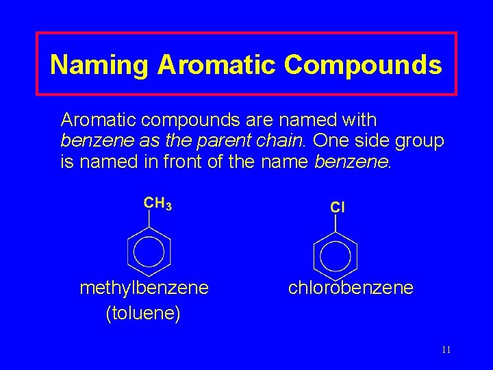 Naming Aromatic Compounds Aromatic compounds are named with benzene as the parent chain. One