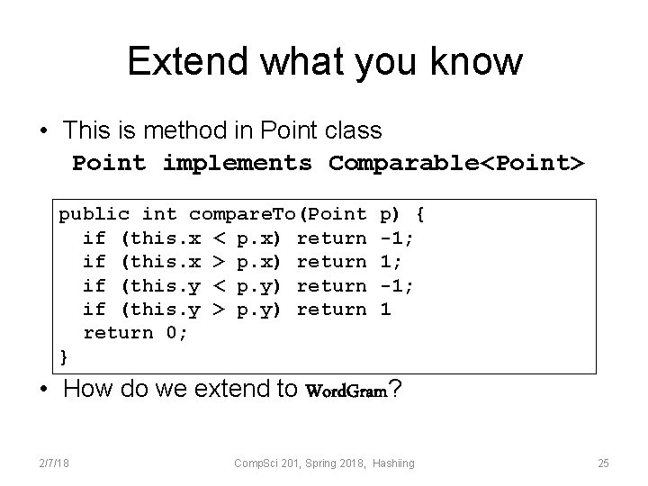 Extend what you know • This is method in Point class Point implements Comparable<Point>